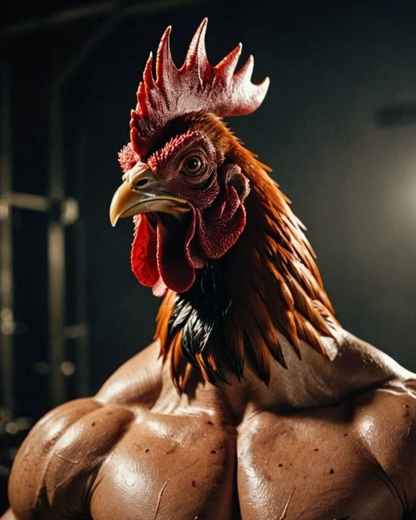 A muscle bound body with a roosters head- used to articulate that roosters (via experimentation) were responsible for finding the male hormone and treating low testosterone levels