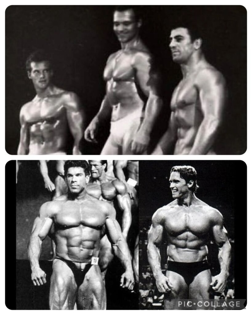 An image of the 1948 Mr Olympia and 1975 Olympia. It showcases the difference when the male hormone testosterone was introduced to bodybuilding