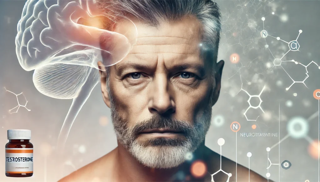 “A man over 40 with a focused expression, symbolizing mental clarity and emotional resilience. Abstract elements of neurotransmitters, like serotonin and dopamine, are subtly present in the background, representing the mental benefits of testosterone.”