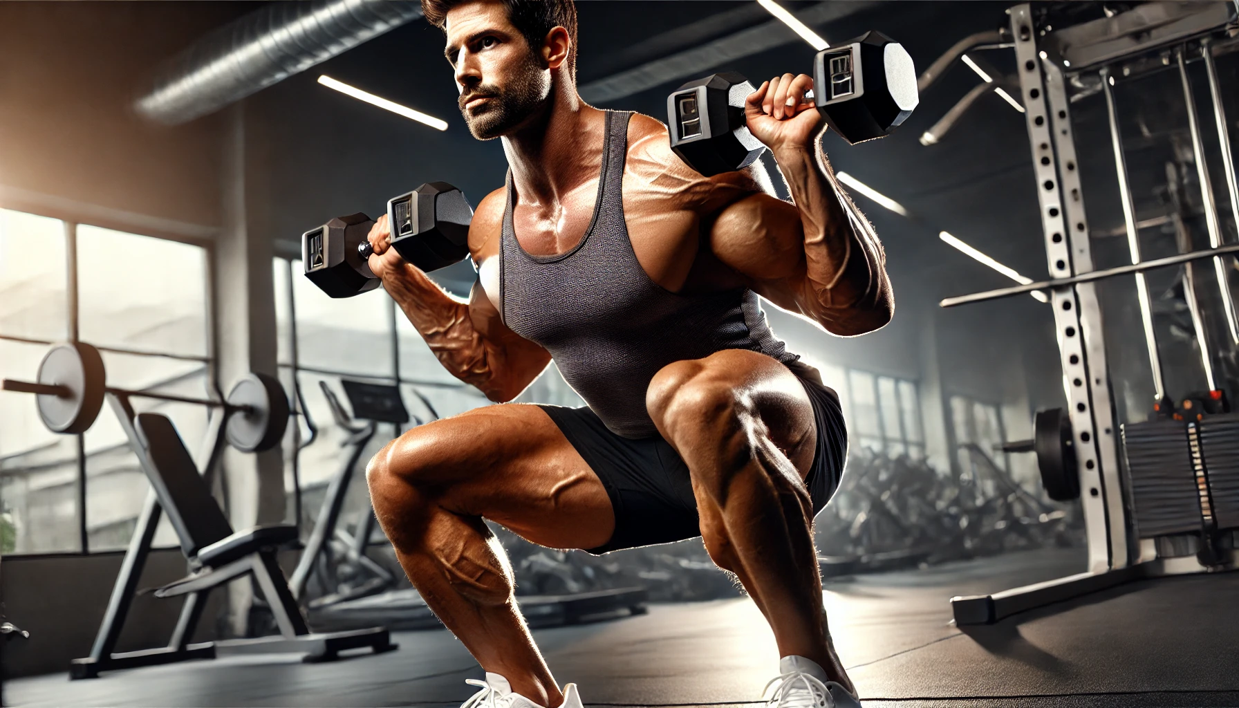 “A very fit 40-year-old man with muscular legs performing a squat while holding dumbbells in each hand. He is positioned in a professional gym environment, showcasing strength and proper form, making it ideal for demonstrating a dumbbell leg workout.”