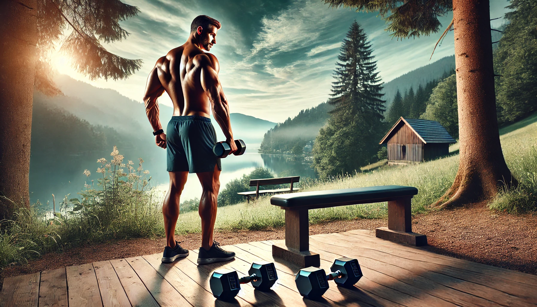 A very fit man in his 40s standing in a beautiful outdoor setting with a bench in front of him and a pair of dumbbells placed on the ground. The image captures the essence of strength and dedication, ideal for performing a dumbbell exercise for tricep in a serene and motivational environment surrounded by nature.”