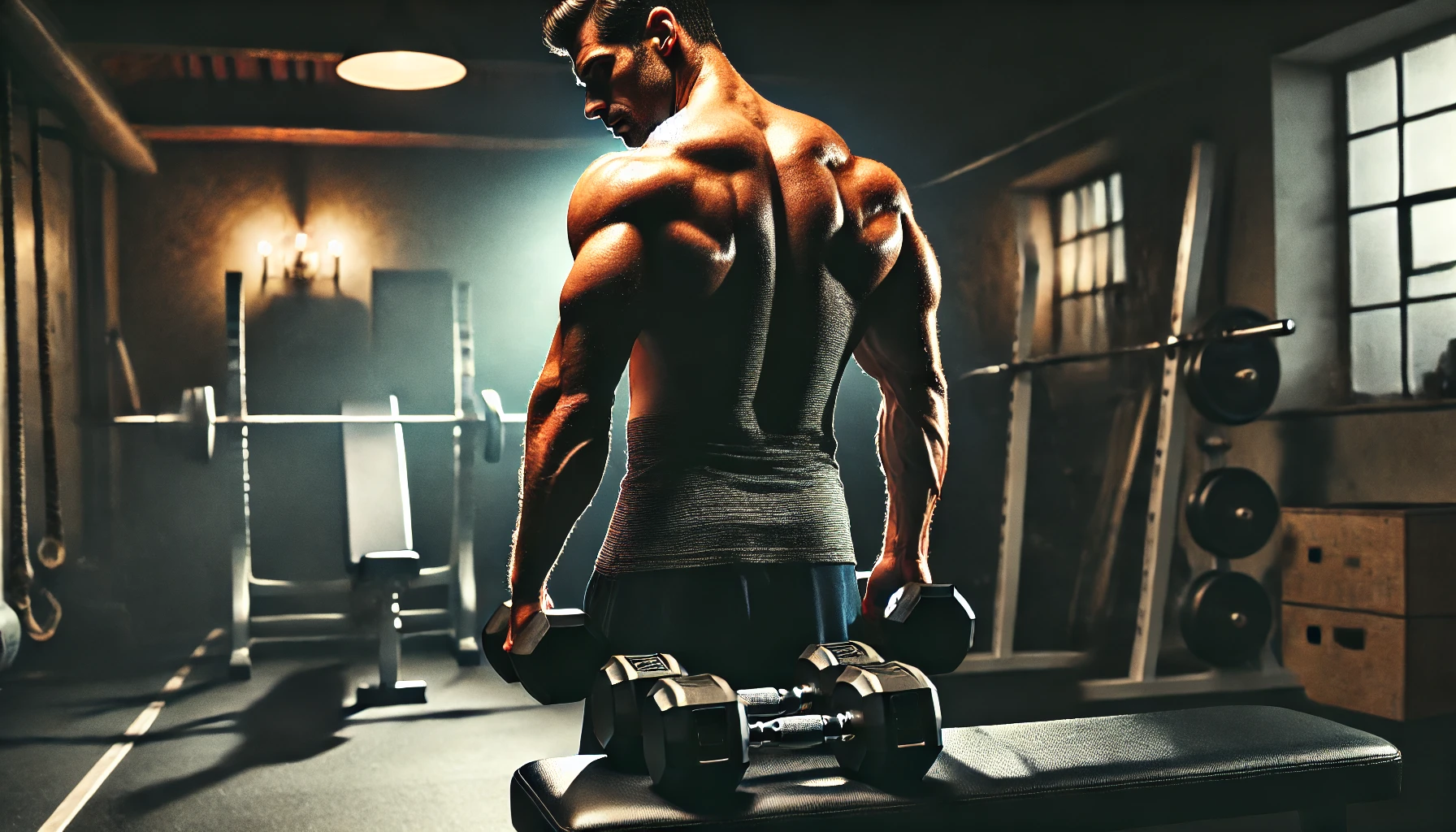 “A man in his 40s with broad, muscular shoulders standing in a home gym with his back turned to the viewer, staring down at a pair of dumbbells beside a bench, illustrating the intensity and focus needed for shoulder exercises with dumbbells.”