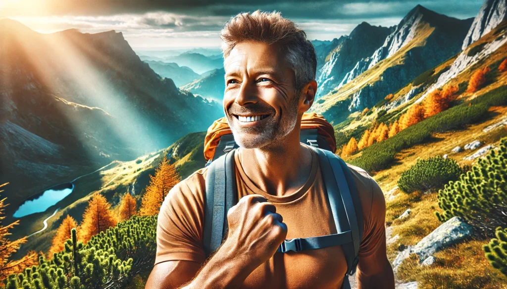 “An epic and vibrant image of a man over 40 hiking in a stunning natural setting, showcasing emotional resilience and vitality. The scene highlights how outdoor activity enhances testosterone’s mental benefits without any text or writing.”
