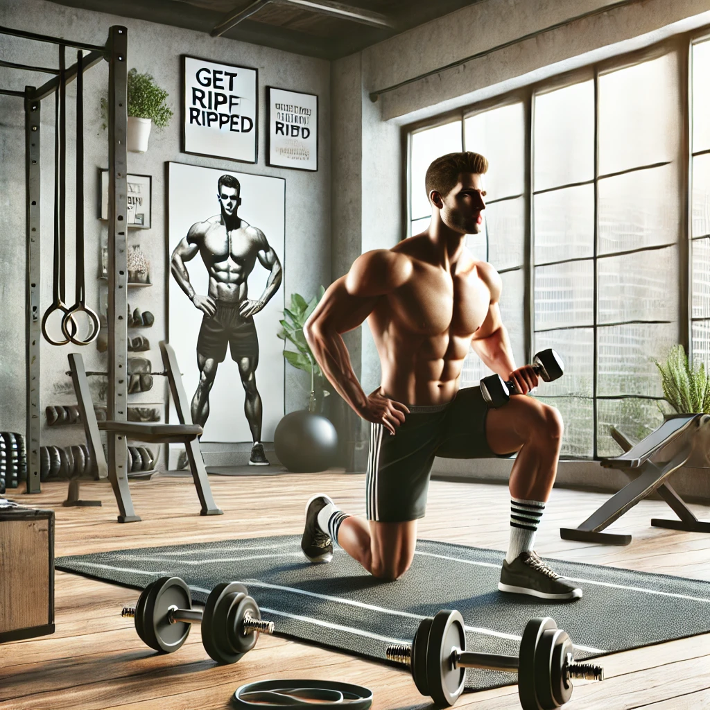 “A lifelike representation of a man working out in a sleek home gym, performing exercises with dumbbells and resistance bands, highlighting the theme of getting ripped at home.”