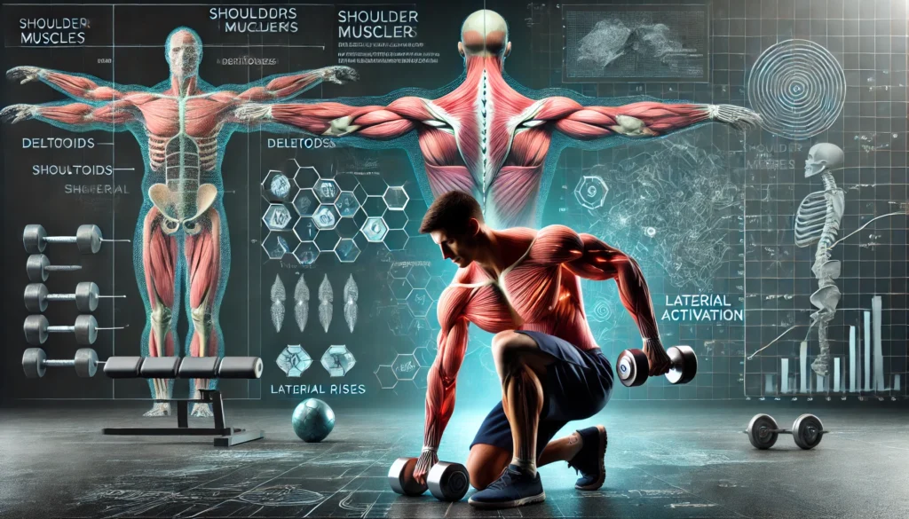 **"An educational image illustrating the science behind shoulder muscle growth, featuring an anatomical representation of the deltoid muscles (anterior, lateral, and posterior heads) along with diagrams and labels showing muscle activation during shoulder exercises like the shoulder press and lateral raises. The image combines scientific visuals with a muscular man performing a shoulder exercise, highlighting the connection between anatomy and effective training."**