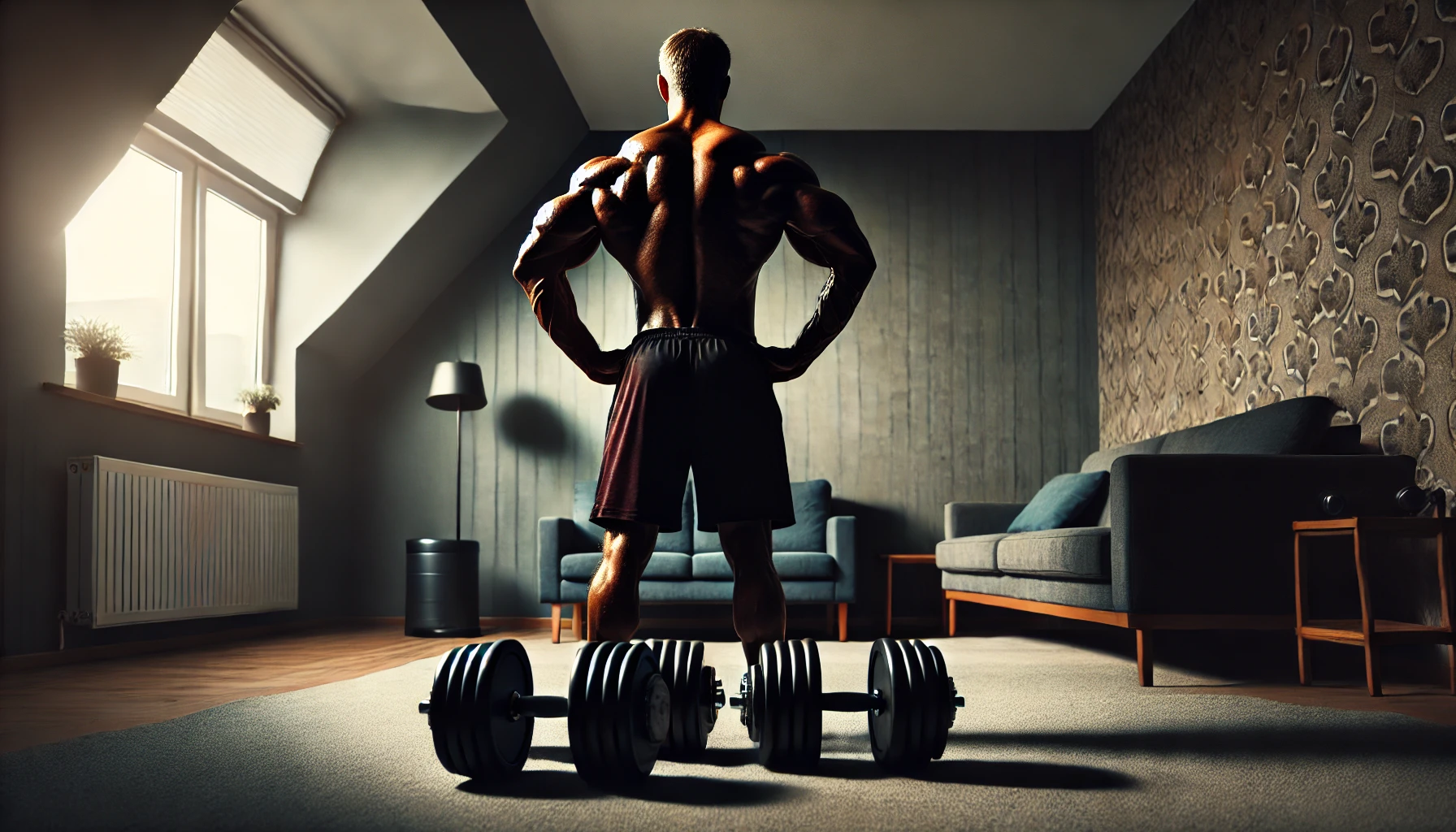 “An epic image of a fit man over 40 with his back turned, highlighting a muscular yet proportionate back in a home workout setting. A pair of dumbbells is placed on the floor in front of him, symbolising strength and dedication. The minimalist room emphasises the focus on back workouts with dumbbells for building a strong physique without excess equipment.”