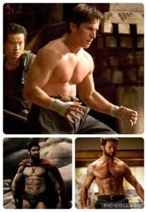 Hugh jackman in Wolverine, Gerard Butler in 300 and Christian bale in batman Begins. All actors are shirtless and muscular