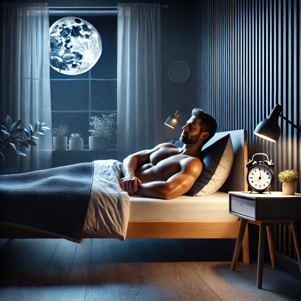 A fit 40-year-old man peacefully sleeping in a dark, serene bedroom, optimised for rest, demonstrating how to biohack sleep effectively.”