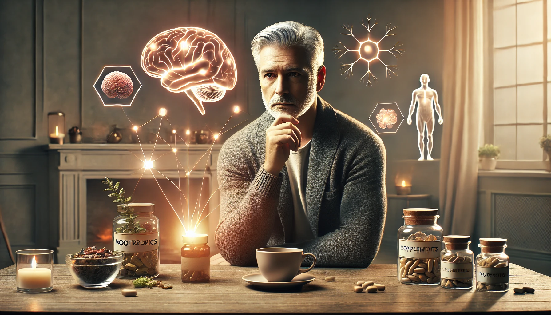 A thoughtful mature man in a serene, warmly lit environment, symbolising mental clarity and wellness from using nootropics for cognitive enhancement.” the image is from an article called what are nootropics