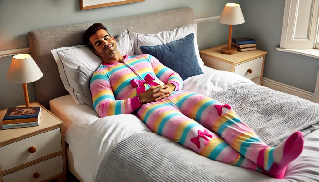 A fit man in his 40s, dressed in a humorous feminine pink onesie, sleeping peacefully in bed. He is lying on his back with his arms resting beside him, creating a light-hearted and slightly comedic atmosphere in a neatly arranged bedroom.”