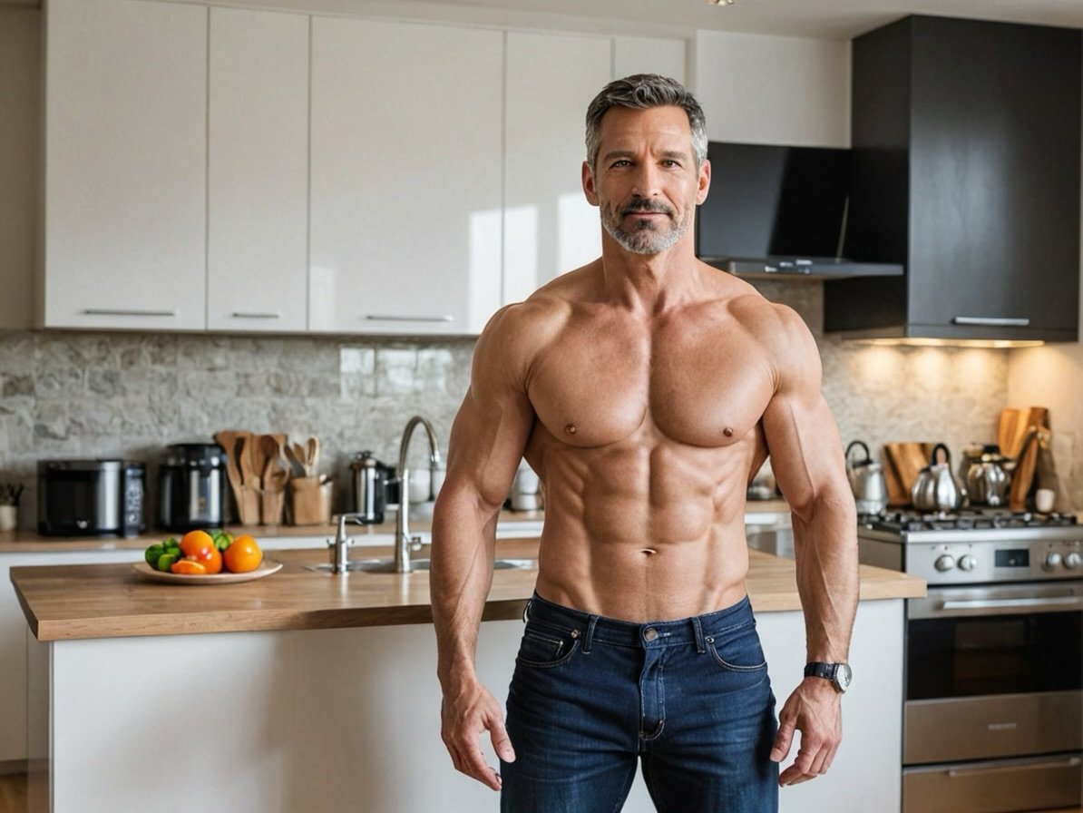 an image of a man in his 40s with abs. He's in the kitchen and this represents abs are made in the kitchen and to accompany an article called great ab exercises at home