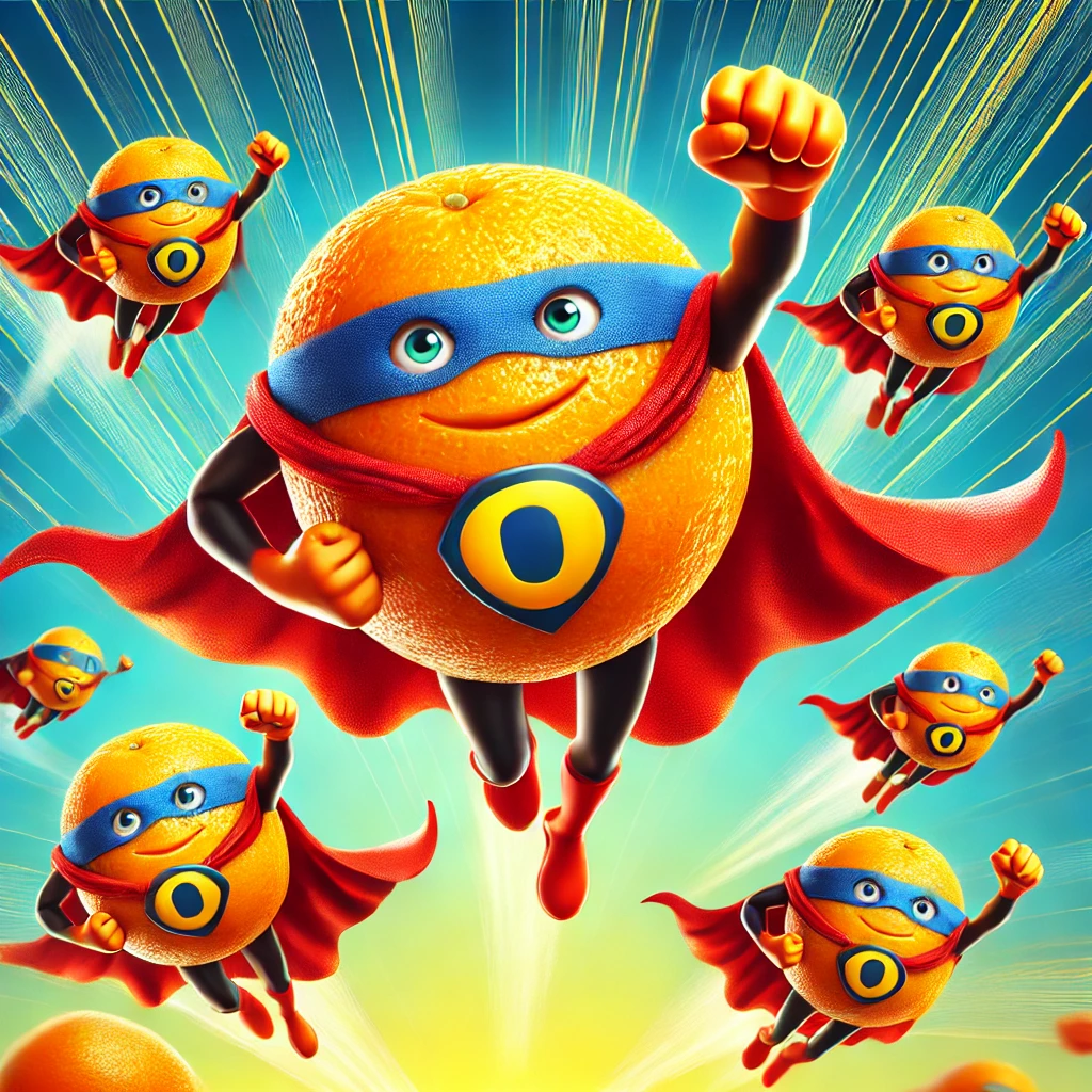 Cartoonish oranges flying through the air, each wearing superhero capes and a superhero badge marked with the letter “O”. The vibrant and dynamic scene conveys the power of oranges as healthy, vitamin-rich foods that can support overall health and well-being. The playful visual emphasizes their role in boosting immunity and energy, making the oranges appear as heroes of nutrition.