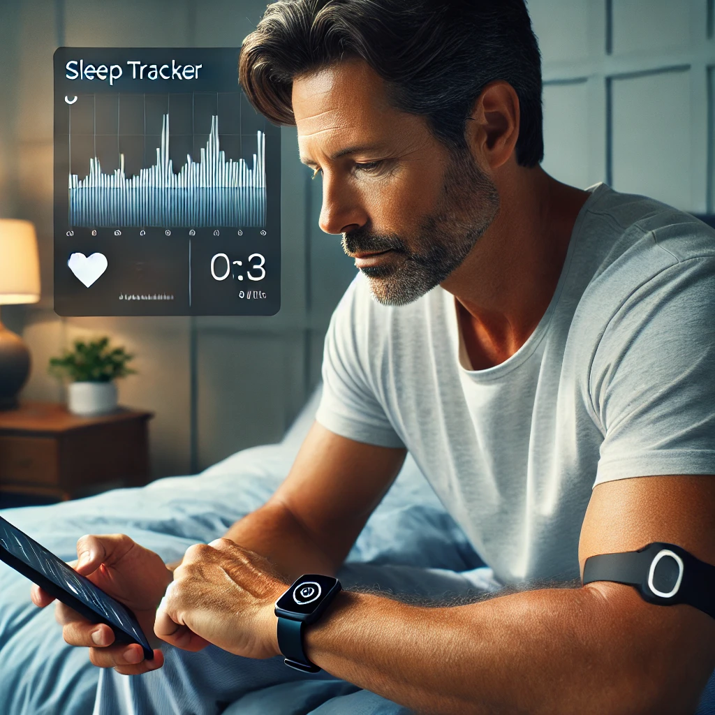 A high-quality image of a fit, middle-aged man over 40 wearing a modern sleep tracker on his wrist. He is sitting in bed in the morning, viewing his sleep data on his smartphone. The well-lit bedroom setting creates a calm and focused atmosphere, reflecting the benefits of using sleep trackers to monitor health and sleep patterns for men over 40.