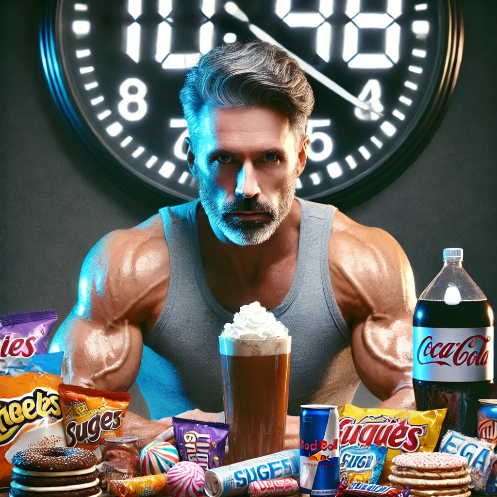 A high-quality image of a fit, middle-aged man over 40 sitting at a table late at night. A clock in the background shows it's late. The table is filled with a large assortment of sugary snacks and junk food. The man is holding a big, clearly identifiable caffeinated beverage, looking slightly uneasy, emphasising the negative impact of eating sugary foods and caffeine before bed. The image visually represents how poor dietary choices can affect sleep quality, addressing the question: “Does sleep improve testosterone levels?”
