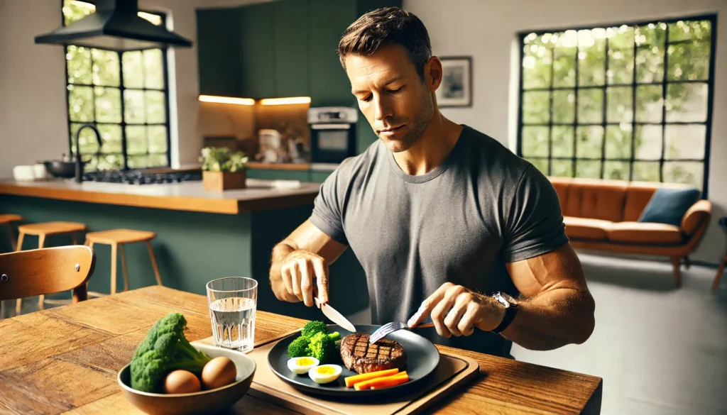 A fit man in his 40s sitting at a dining table, preparing to eat a meal consisting of steak, vegetables, and boiled eggs. He holds a fork and knife, focusing on the healthy food choices in front of him in a well-lit kitchen. he's undertaking the 6 pre trt tips. 