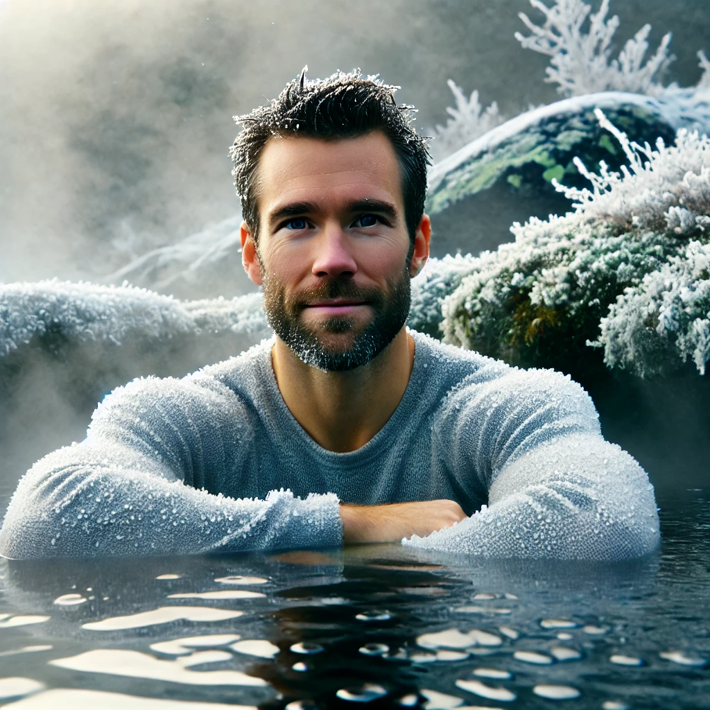 A man in his early 40s sitting in an ice bath outdoors, surrounded by nature, showing calm focus and resilience through biohacking cold therapy