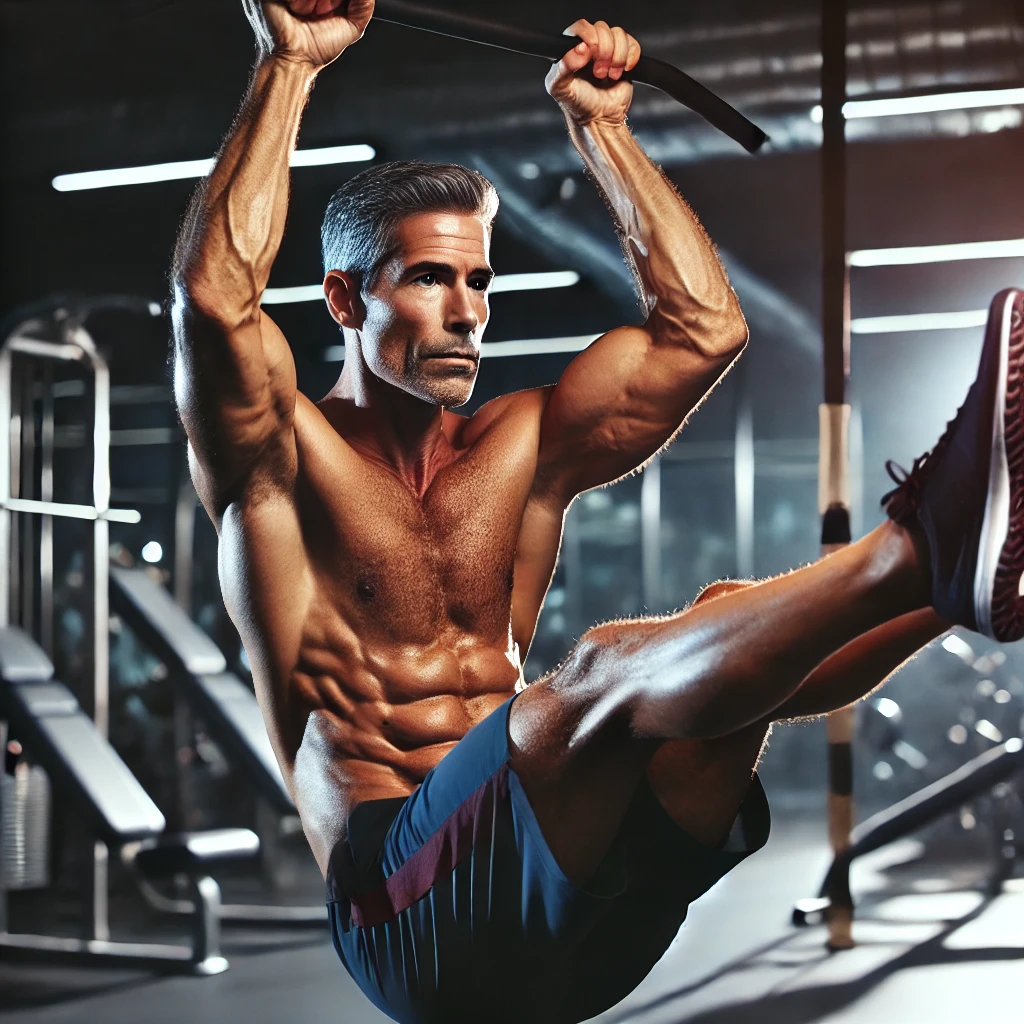 a fit, mature man in his 40s performing a focused ab workout at the gym, with a strong emphasis on core strength. This image represents dedication and intensity, appealing to men over 40 interested in the best ab workouts at the gym and understanding how often to train abs to achieve results