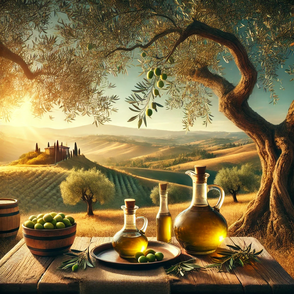 A scenic landscape in Italy featuring lush olive trees and traditional jugs of olive oil placed underneath them. The warm lighting and beautiful countryside evoke the essence of the Mediterranean diet and its role in raising testosterone naturally.