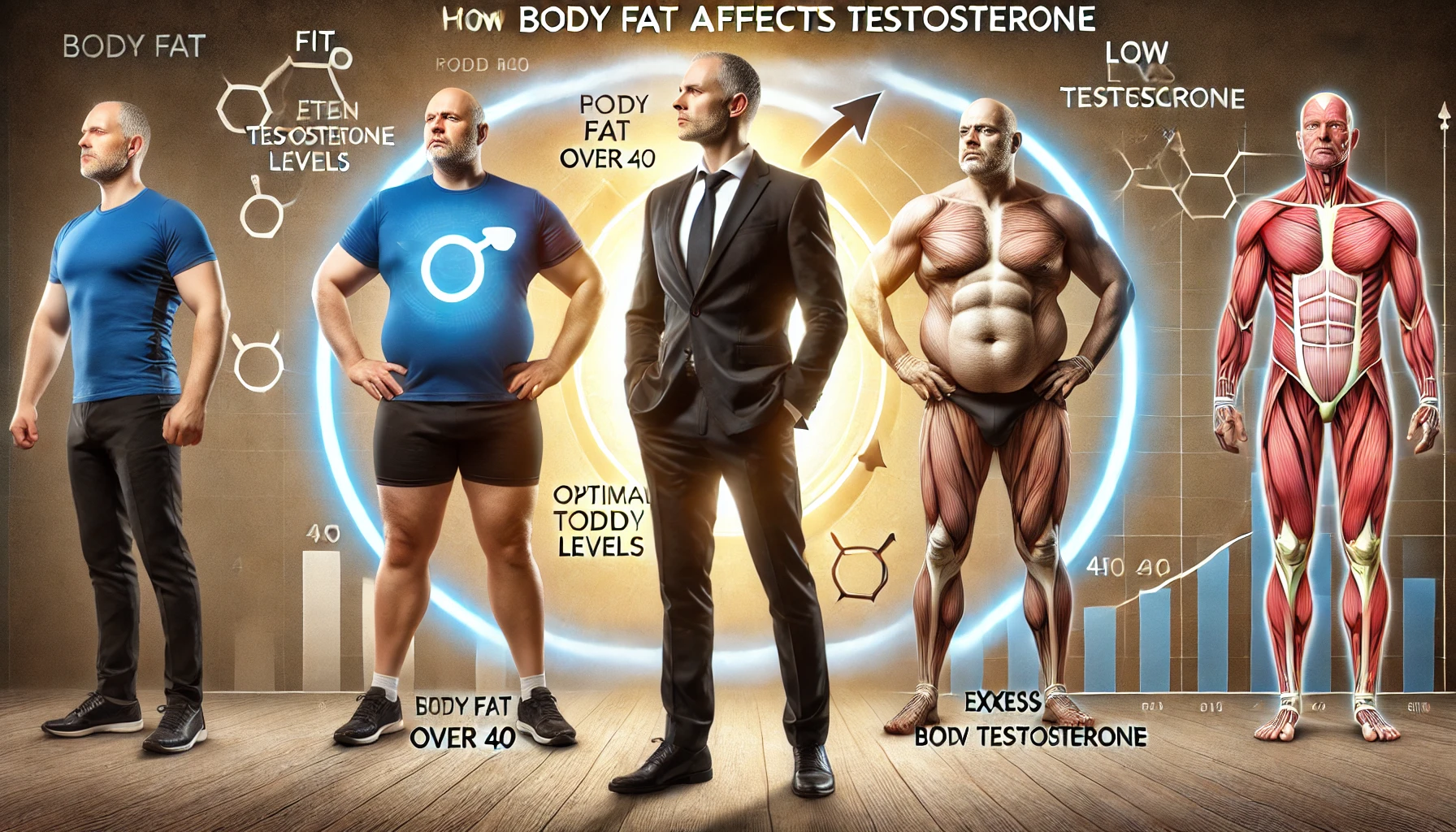 “A visual representation of how body fat affects testosterone in men over 40, showcasing the difference between a lean, fit man with optimal testosterone and a man with excess body fat.”