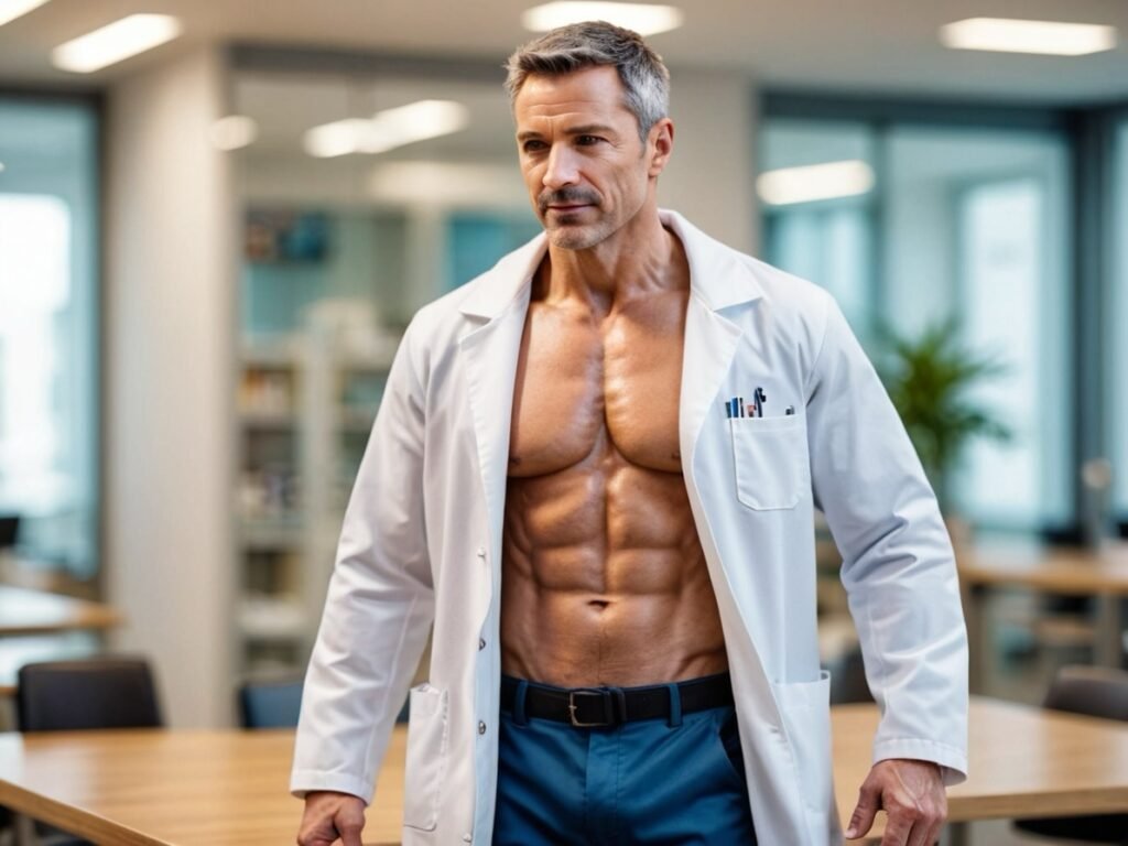 A man with abs showing in his 40s with a science coat undone 