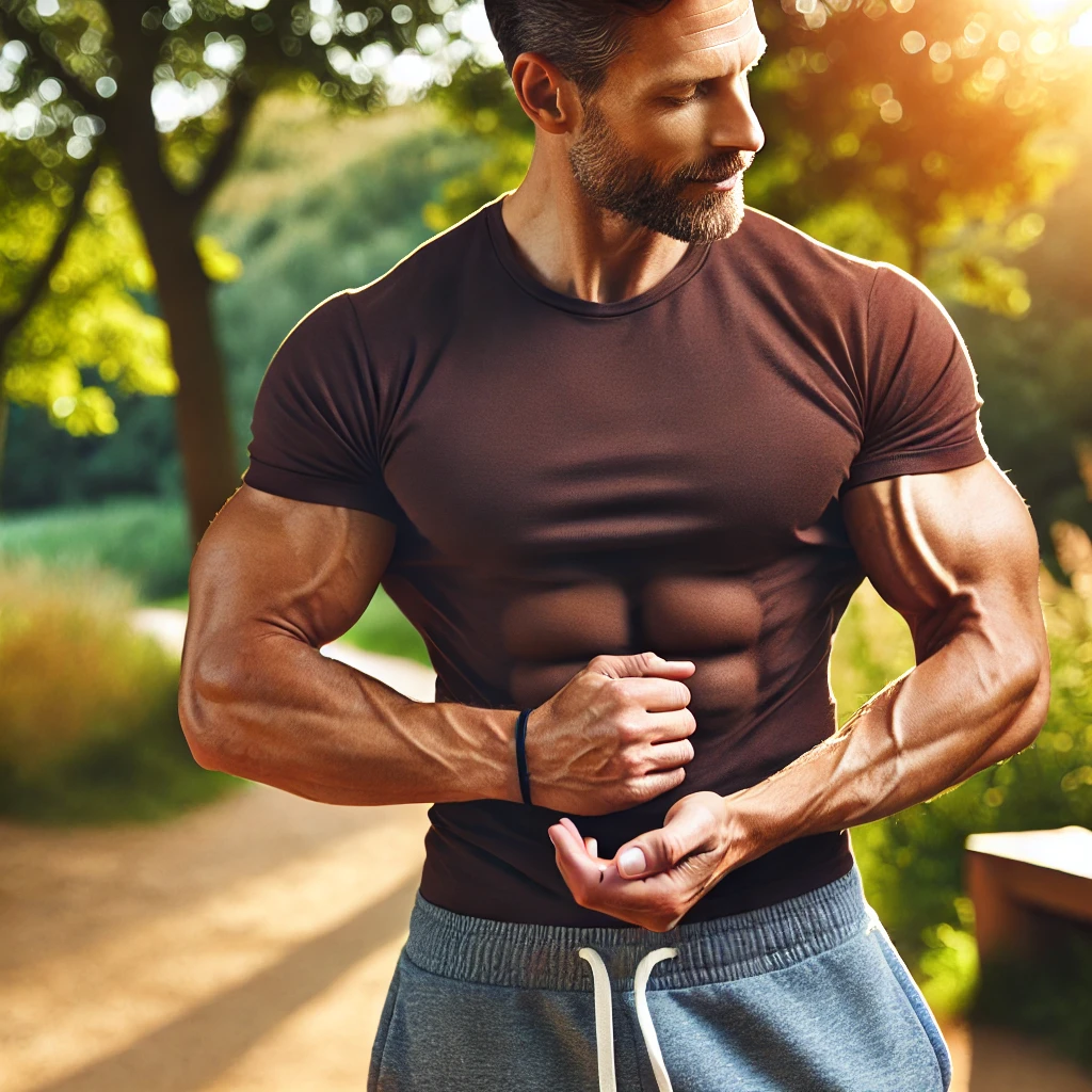 The image illustrates What are the positive effects of testosterone? by showcasing a healthy, middle-aged man with a fit physique enjoying an active lifestyle in a serene, natural setting. The image visually represents the benefits of testosterone, such as increased muscle mass, vitality, and overall well-being, without using any text or symbols.