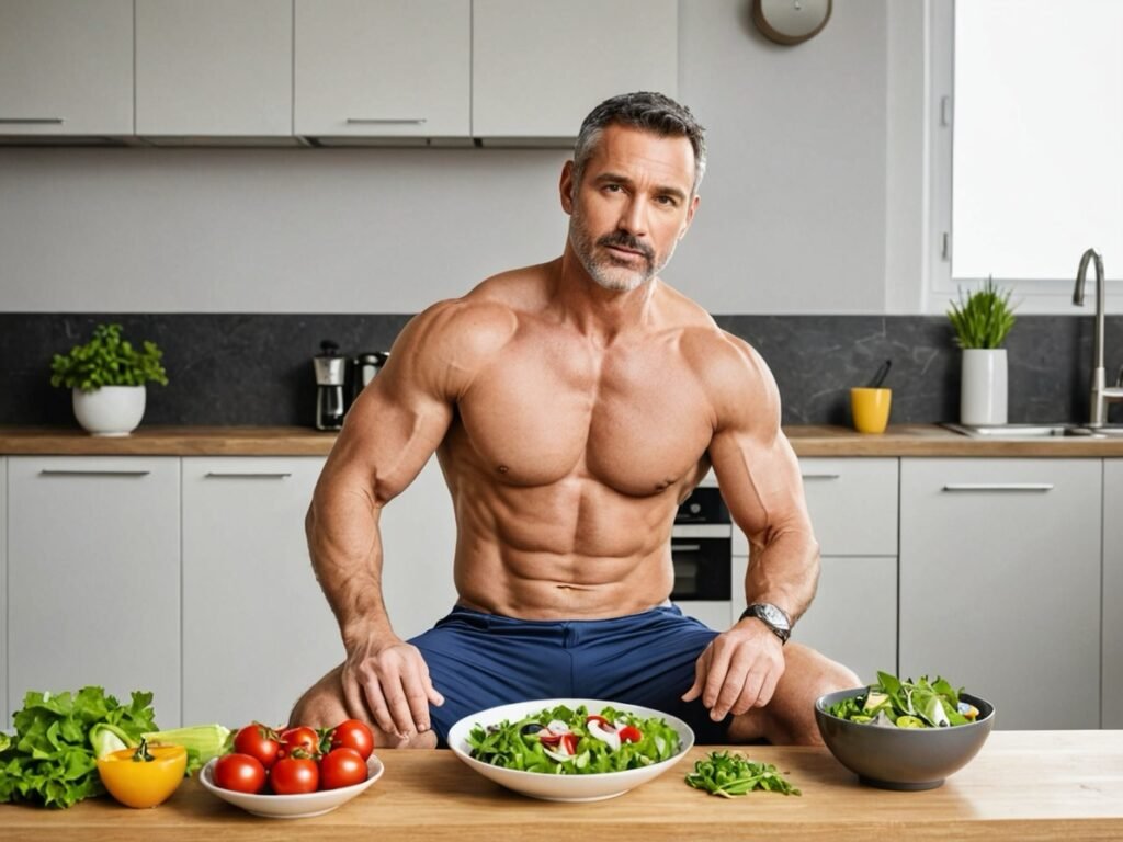 A man in his 40's getting ready to eat low calorie salad on his quest for abs