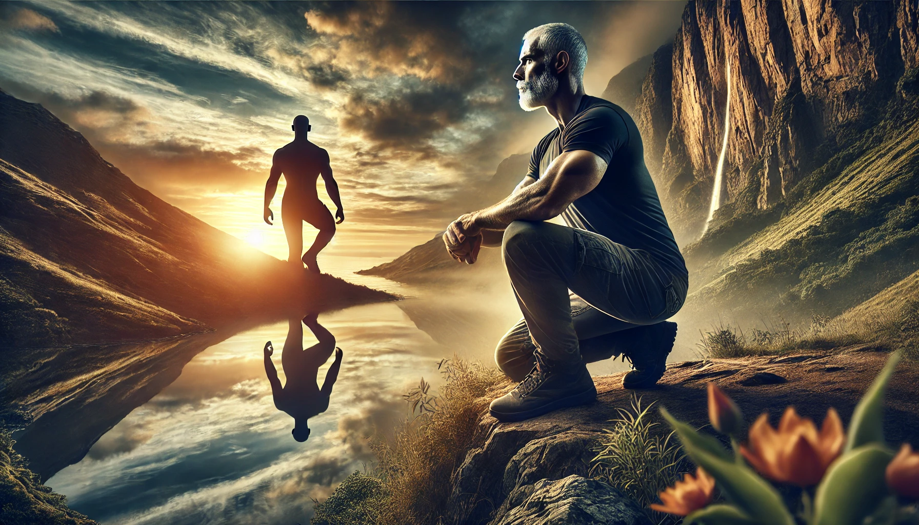 A compelling, epic image of a mature, strong man in a contemplative pose against a dramatic sunrise landscape, symbolising resilience, vitality, and introspection, reflecting themes of health and hormonal balance for men over 40. the image represents an article called why are testosterone levels declining?