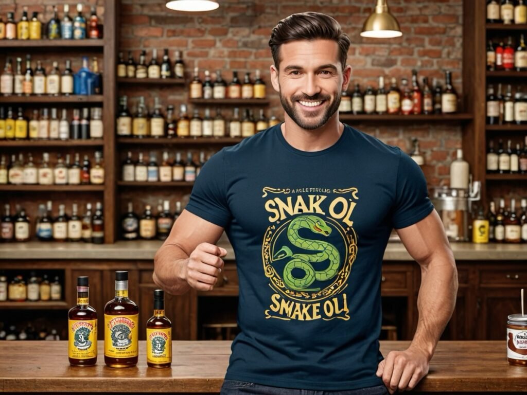 Smiling man in a bar wearing a ‘Snake Oil’ t-shirt, symbolising the misleading promises in the fitness industry, reflecting on how people might be obsessed with abs and if abs are overrated.”