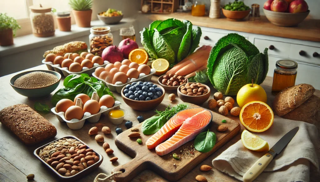 “An inviting kitchen scene displaying a variety of fresh foods rich in micronutrients for testosterone, such as dark leafy greens, salmon, nuts, and eggs. The vibrant colours and natural lighting showcase the quality of these ingredients, representing a balanced diet for hormonal health.”