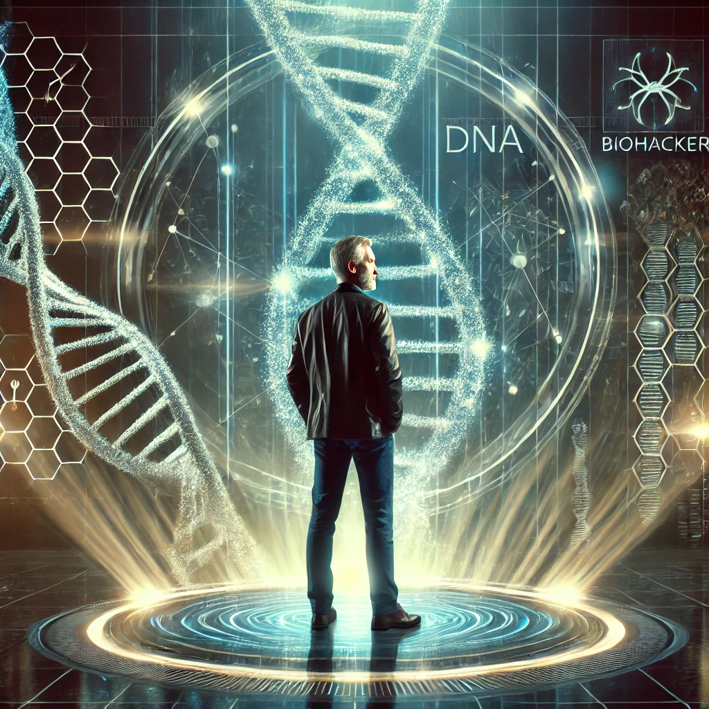 A captivating and dynamic visual showcasing biohacking genetic engineering, with futuristic elements symbolising the integration of science and human biology.”