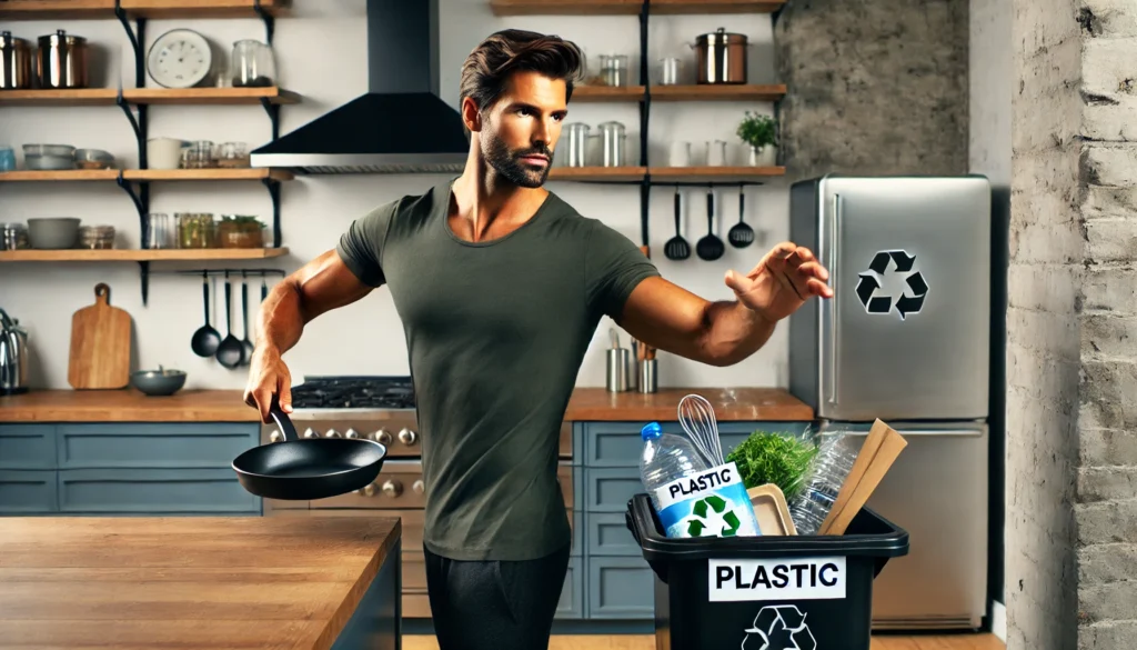 A fit man in his 40s standing in a bright kitchen, tossing items labelled ‘plastic’ and a frying pan into a bin. He appears focused, symbolising a commitment to healthier living and eliminating harmful materials from his environment