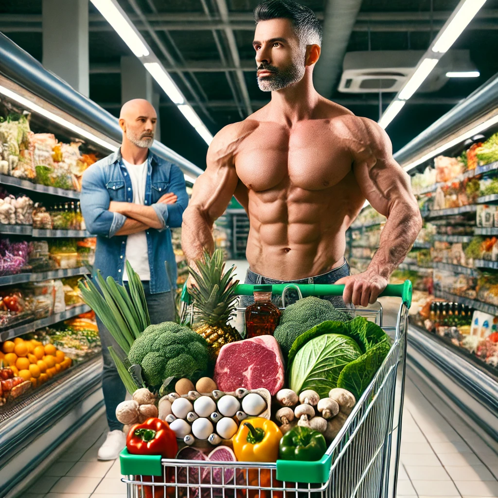 A fit man in his 40s standing in a supermarket aisle with a trolley full of healthy foods like cruciferous vegetables, mushrooms, citrus fruits, eggs, grass-fed beef, fish, olive oil, nuts and seeds, and dark chocolate. This visual showcases the best dietary choices for men wondering what foods raise testosterone the most.