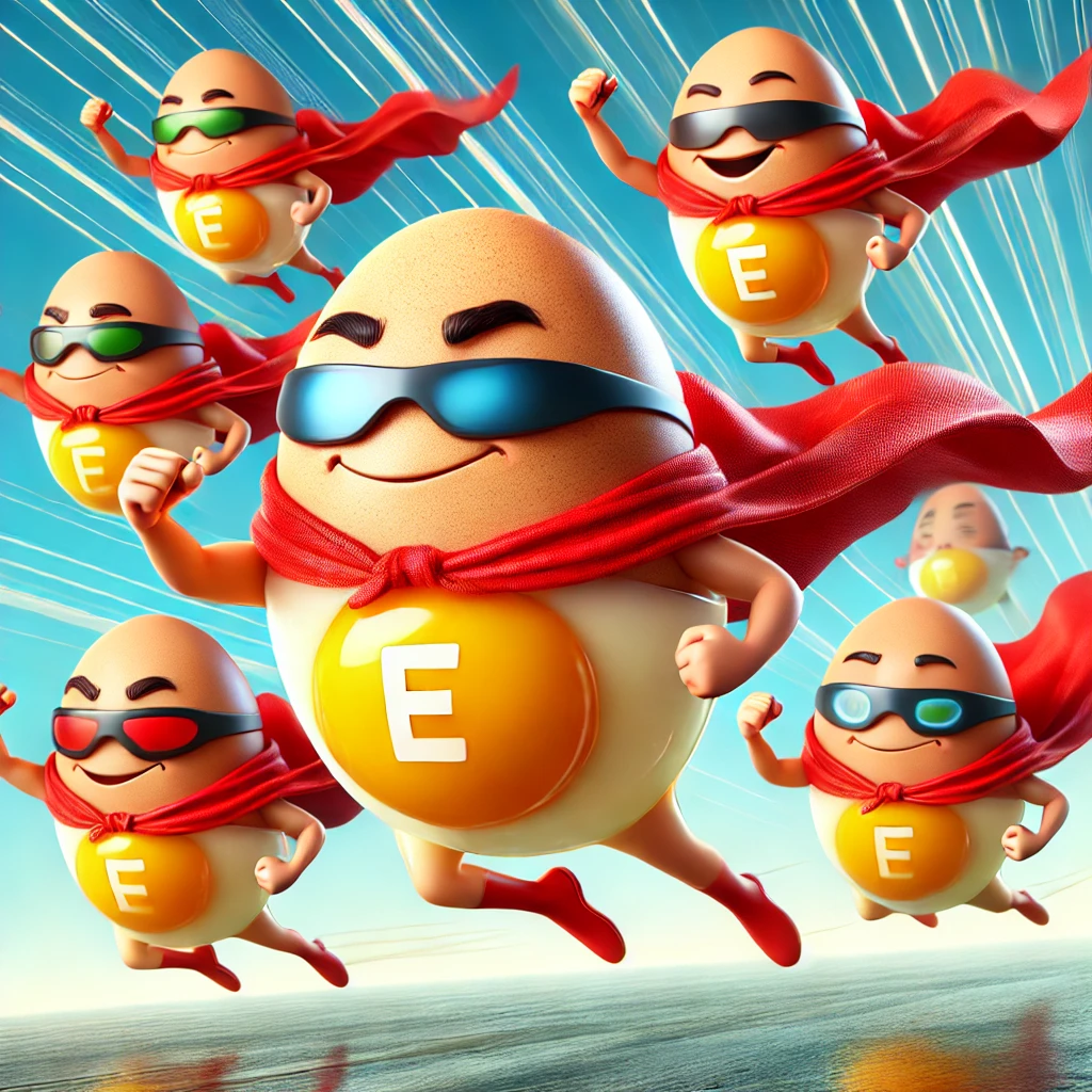 Cartoonish egg yolks flying through the air with superhero capes and badges marked with an “E”. The playful scene highlights the health benefits of egg yolks for testosterone production.