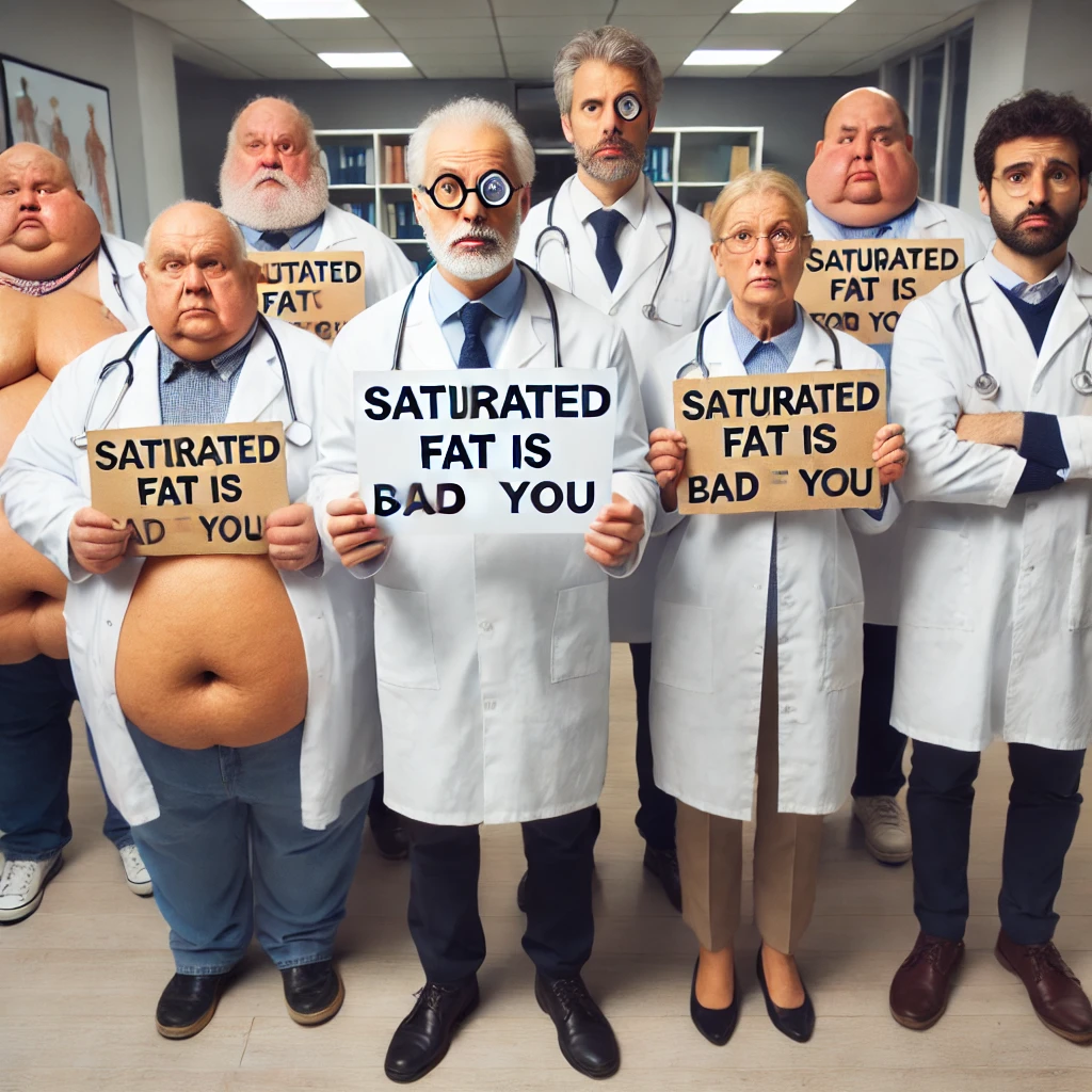 A group of overweight doctors holding signs that say “Saturated Fat is Bad for You” while appearing hypocritical due to their unhealthy appearances. The scene uses humour to question mainstream health advice on fats and diet.