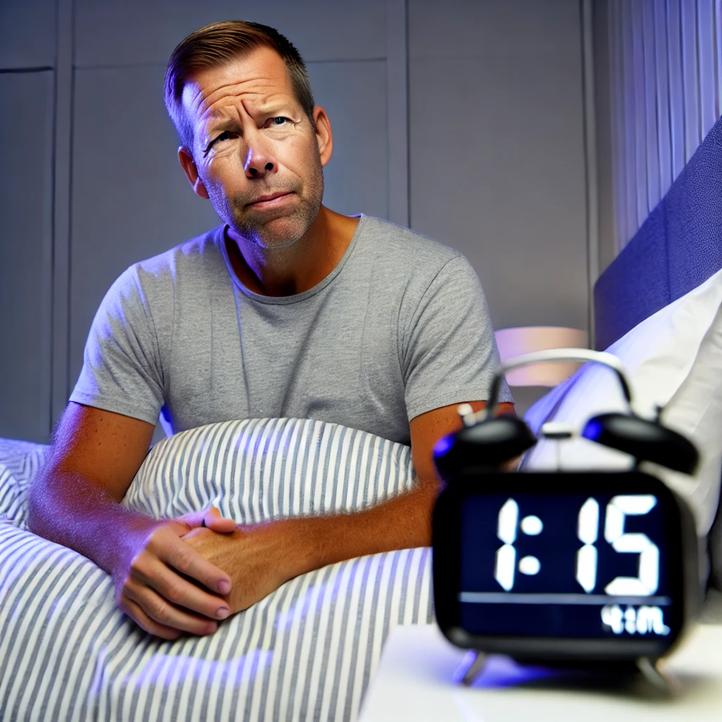 A high-quality image of a fit, middle-aged man over 40 sitting up in bed, looking visibly stressed. The digital alarm clock beside him displays 1:15 a.m. The man appears muscular and healthy but shows concern and frustration on his face, reflecting the impact of stress on sleep quality. The bedroom setting is realistic, with dim lighting creating a late-night atmosphere. The image captures the struggle of dealing with stress and its effect on sleep patterns for men over 40.