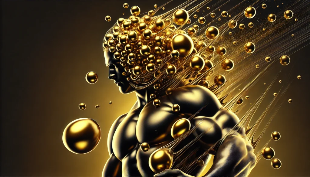 A dynamic and bold visual representation of cholesterol, symbolised by golden liquid drops or spheres, reflecting its essential role in health, strength, and testosterone production