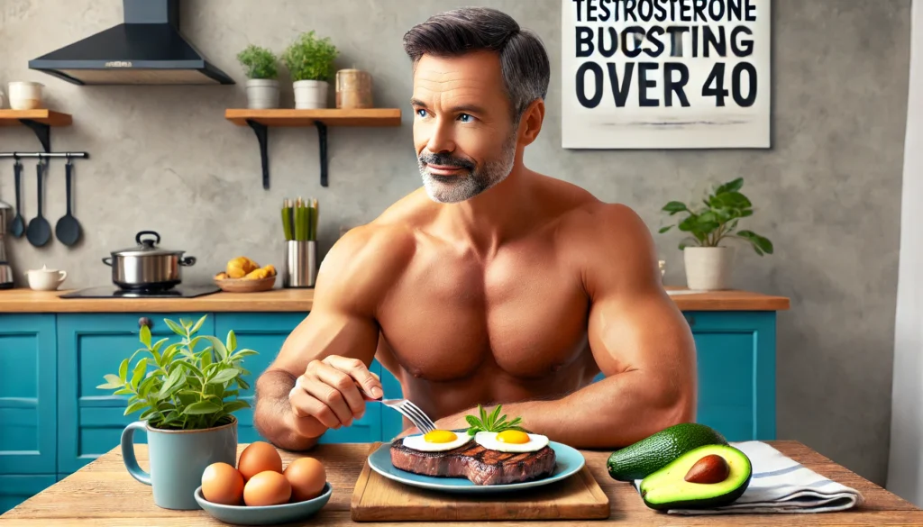 A healthy middle-aged man sitting at a table with a meal of steak, eggs, butter, and avocados, emphasising a testosterone-boosting diet