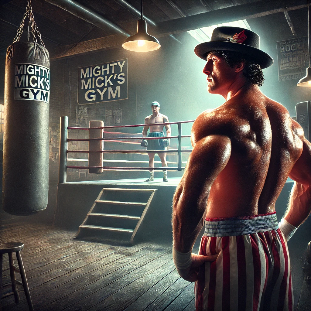 An image of Rocky with his American Trunks on starting at a boxing gym. The image accompanies an article called how did rocky get so ripped and exploring the Sylvester Stallone body