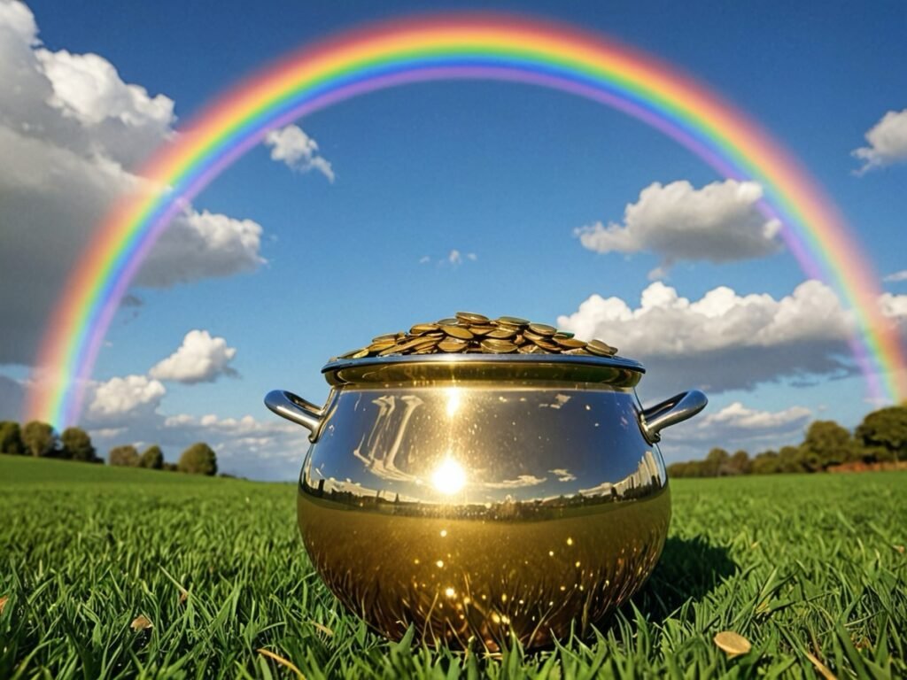 A pot of gold under a rainbow, representing the elusive nature of visible abs as a fitness goal, 