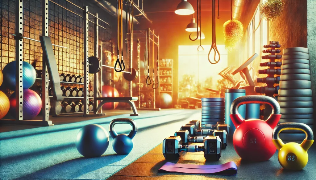 “A neatly organised array of exercise equipment, including kettlebells, dumbbells, and resistance bands, placed in a clean and bright gym setting. The image reflects a motivating fitness environment, ideal for men focusing on strength training and maintaining testosterone levels.”