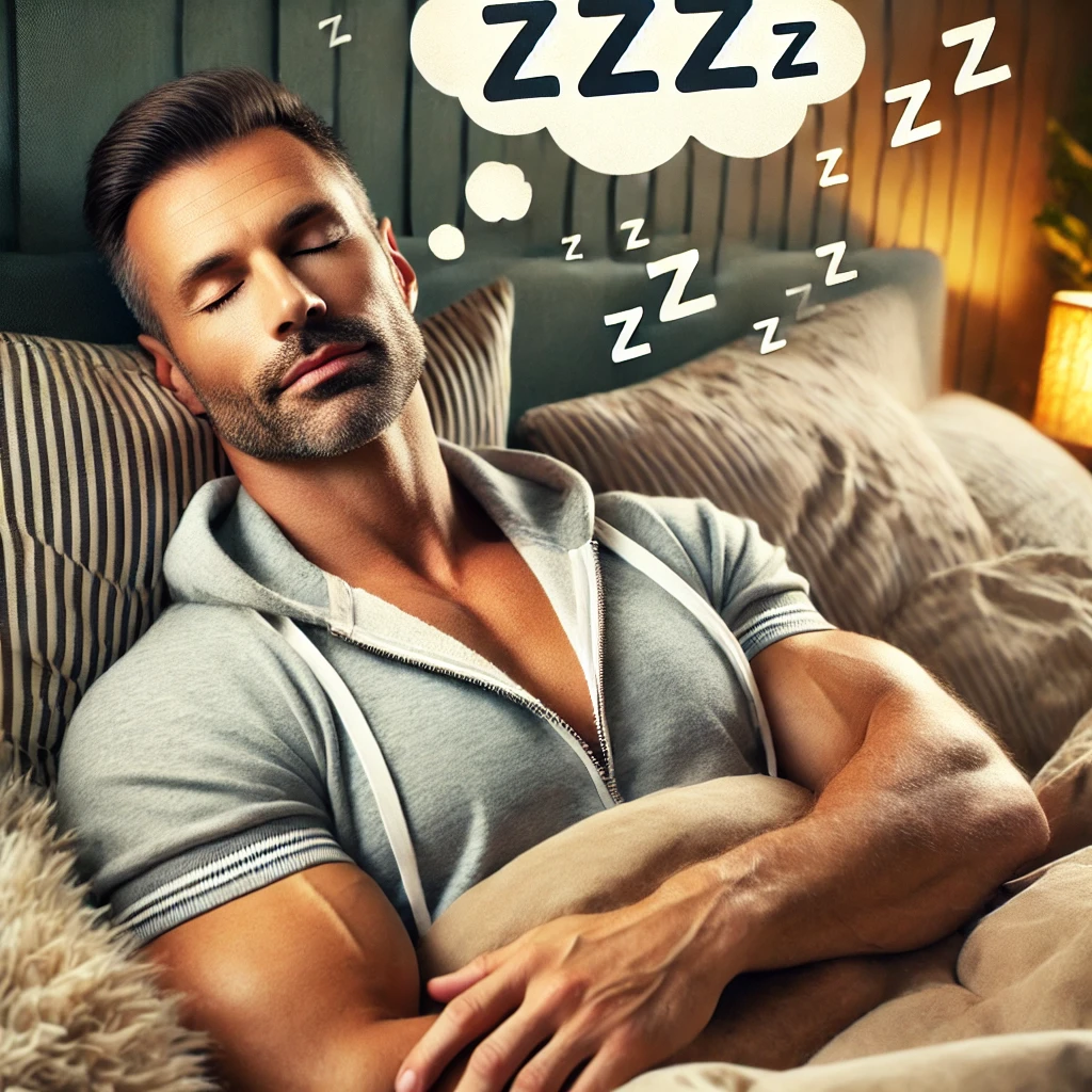 A man in his 40s sleeping soundly in bed, wearing a onesie. Cartoonish “Zzz” and snoring emojis float above him, indicating a deep, restful sleep. The cosy setting highlights the importance of good-quality sleep for optimal health and testosterone levels.