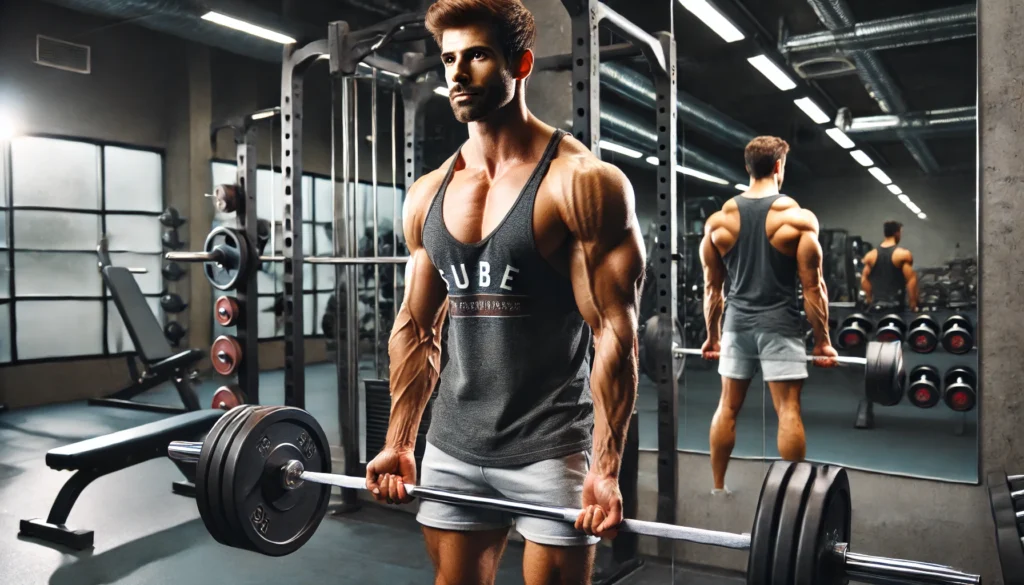 A muscular man in his 40s lifting a heavy barbell in a modern gym setting. He is wearing a tank top and shorts, demonstrating proper form as he performs the exercise with a determined expression