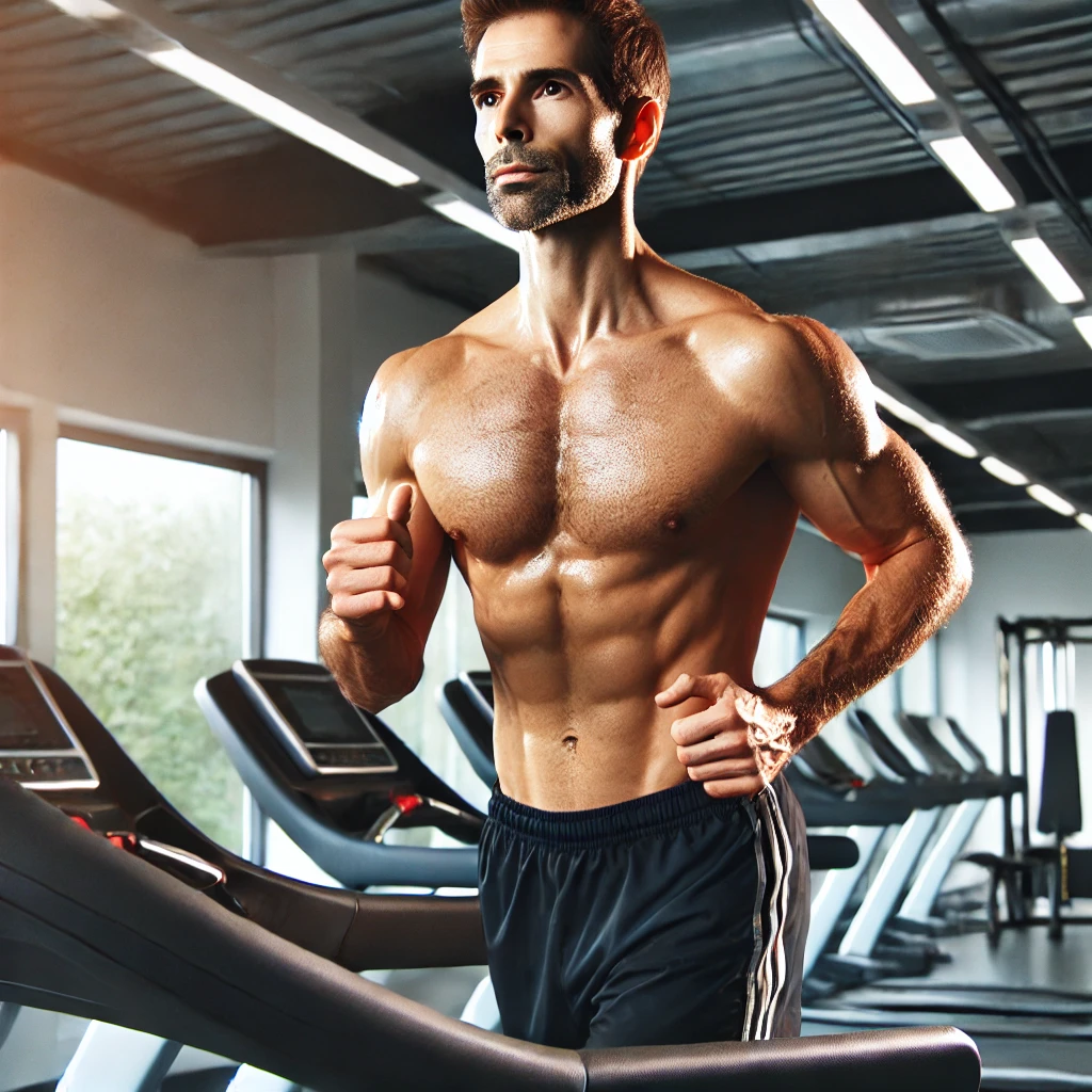 A lean man in his 40s running on a treadmill in a modern gym. The scene conveys focus and determination as he engages in cardiovascular exercise to support his overall fitness and testosterone levels.