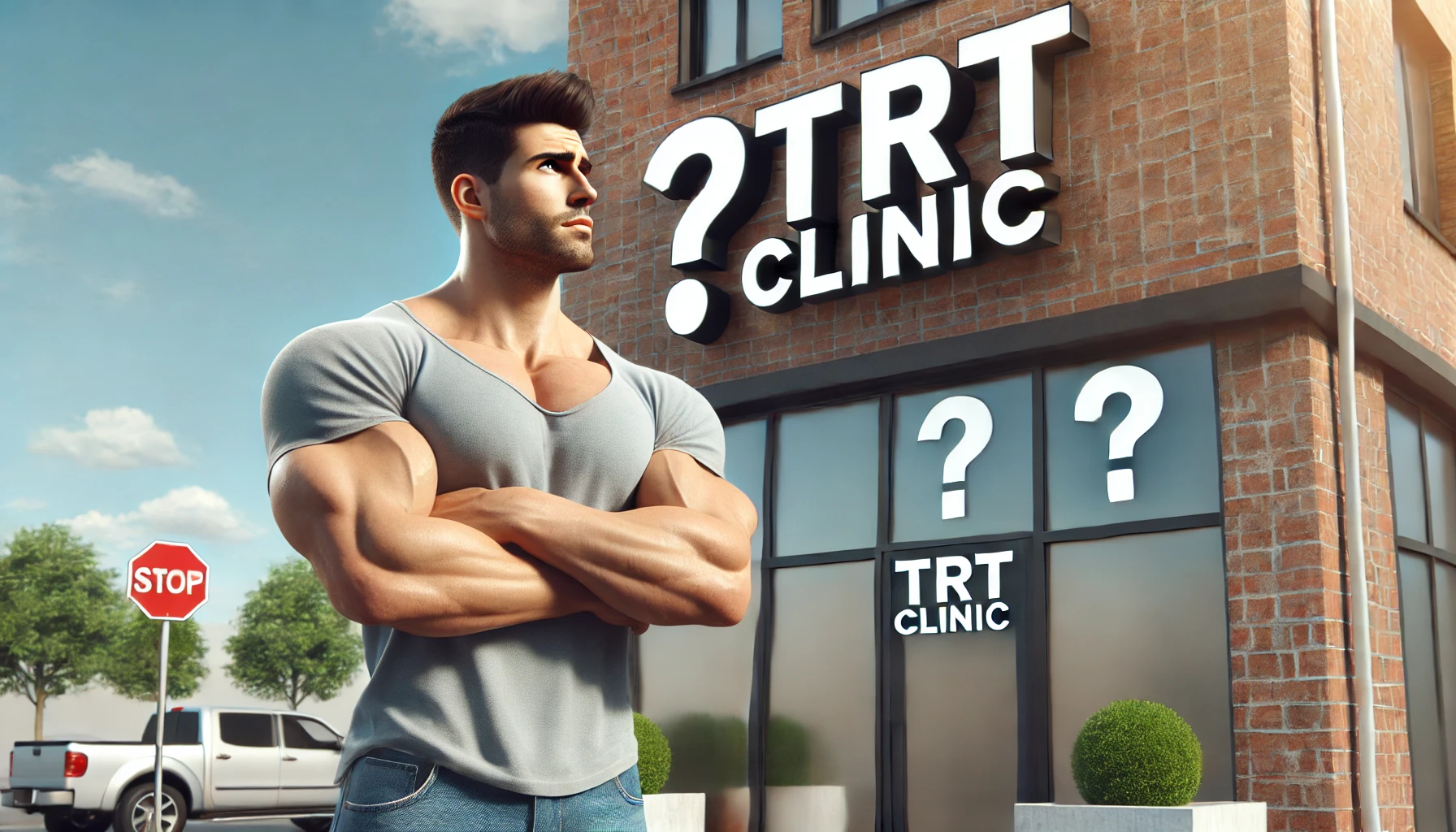 A fit man in his 40s, dressed in casual clothing, standing outside a building labelled ‘TRT Clinic’ with a contemplative expression. A question mark hovers above his head, symbolising uncertainty about entering the clinic. he's thinking of going on T