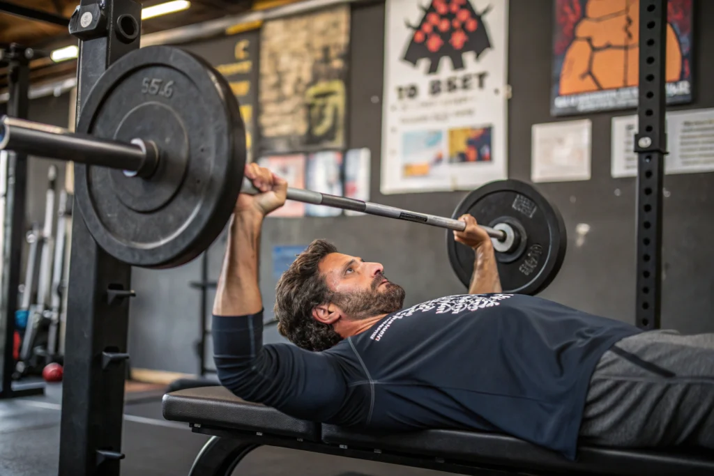 a man in his 40's bench pressing