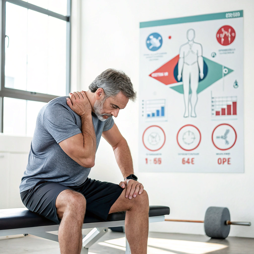 a middle age man holding his neck and dealing with symptoms of training too frequently