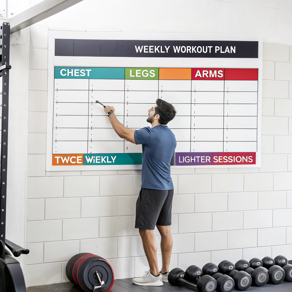 A man at a white board trying to calculate the best frequency for muscle building