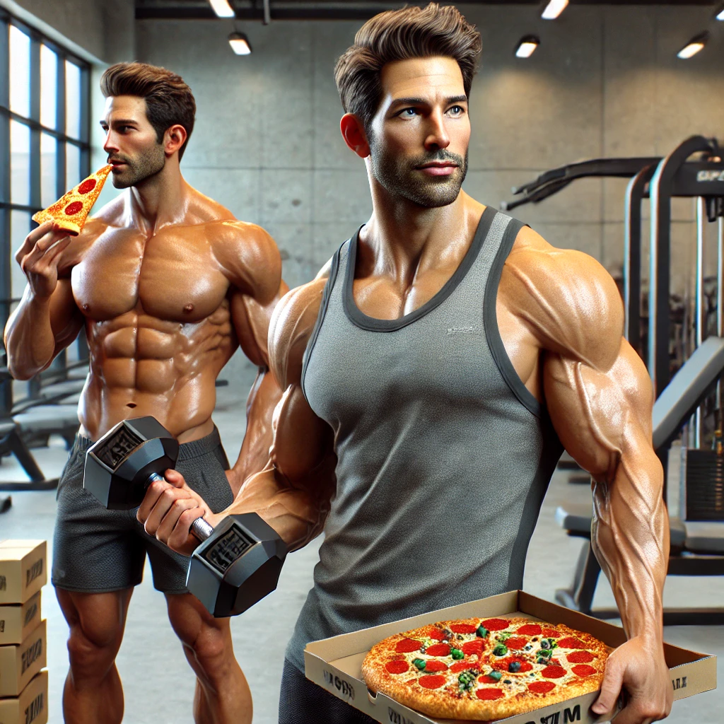 Muscular men in the gym eating pizza