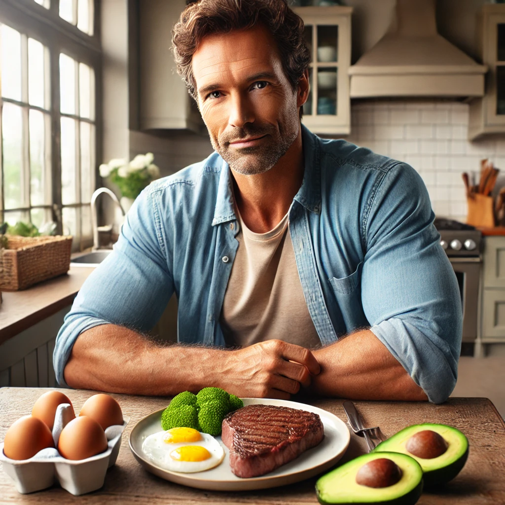 A man in his 40s enjoying a testosterone-boosting meal of eggs, steak, and avocados, representing a balanced diet for hormonal health