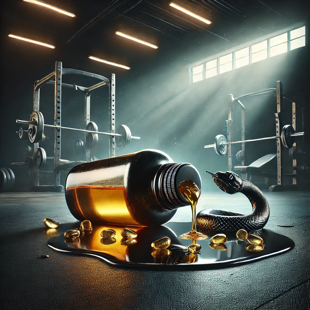 A cracked snake oil bottle spills onto a gym floor, symbolizing the scams of fake testosterone boosters. The dimly lit gym background, with weights subtly visible, creates an intense, eye-opening atmosphere that exposes misleading fitness supplements. This image captures the deception in the industry and urges readers to seek real, science-backed solutions on how to avoid TRT and discover proven tips to boost testosterone naturally.”